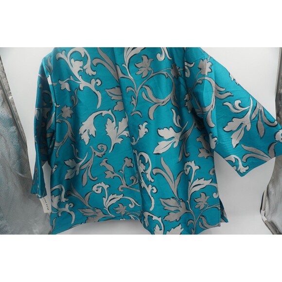 Caroline Rose NWT Turquoise Blue & Silver Damask Floral Blouse Plus Size 3X - Picture 9 of 13